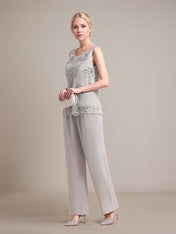 Elegant Sleeveless Appliques Silver Chiffon Mother of Bride Jumpsuit with Wrap