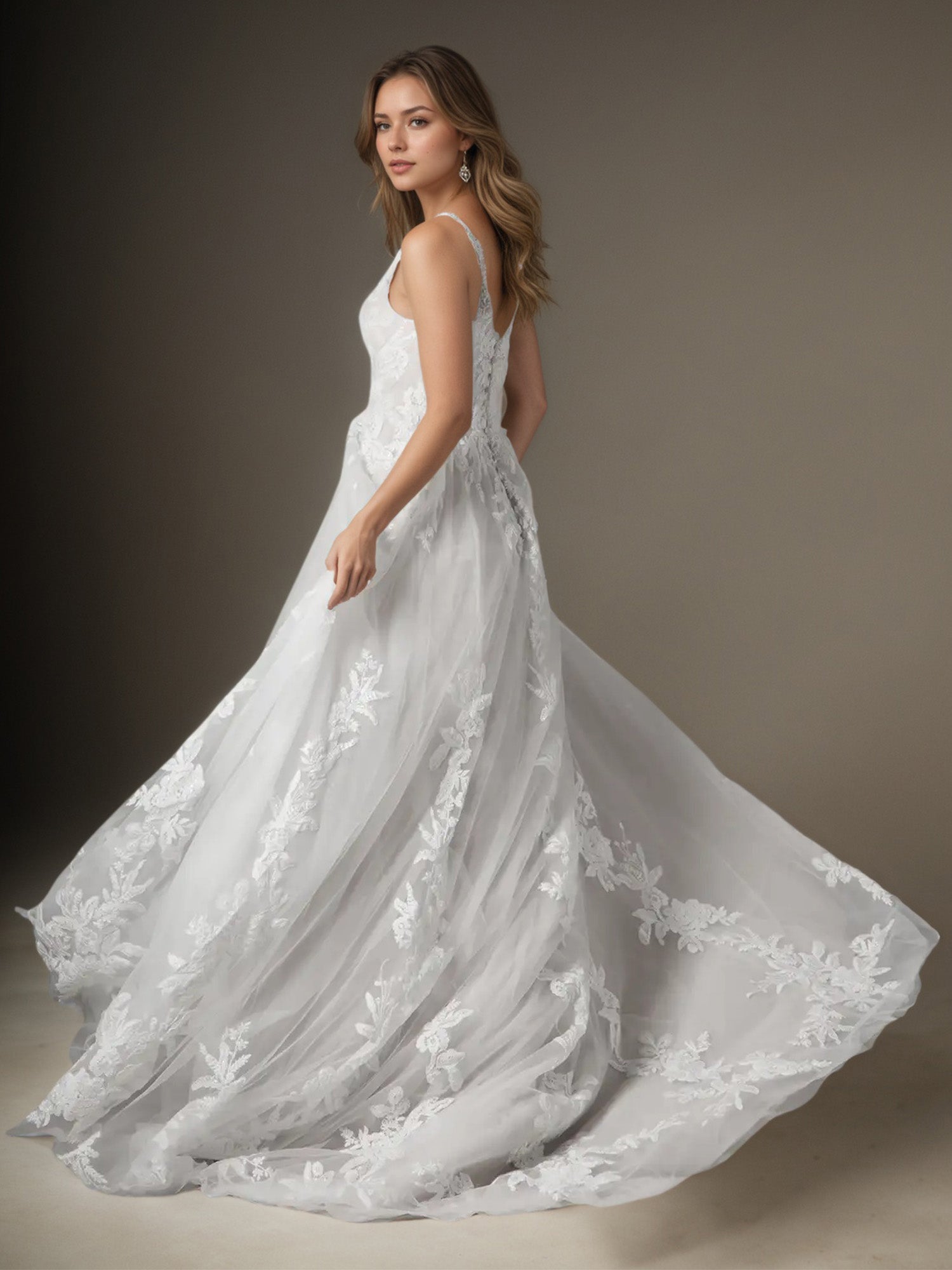 White A-Line V-Neck Sequins Tulle Wedding Dress