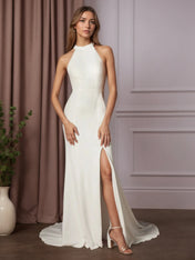 White Sheath Bow Stretch Crepe Wedding Dress