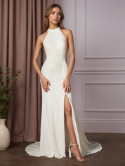 White Sheath Bow Stretch Crepe Wedding Dress