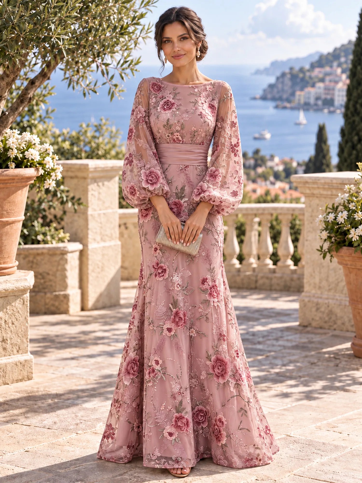 Boat Neck Long Sleeve Embroidered Mesh Evening Dress