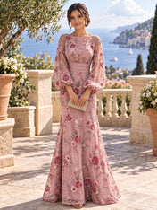 Boat Neck Long Sleeve Embroidered Mesh Evening Dress