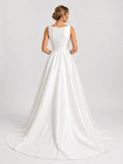 Elegant Bateau Neck Satin A-Line Wedding Dress with Chapel Train