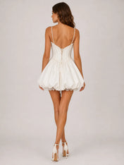 Elegant Spaghetti Strap Satin Mini Wedding Dress with Corset Bodice and Bubble Skirt