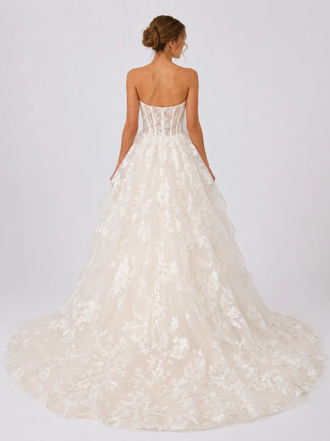 Elegant Strapless Lace Ball Gown Wedding Dress with Corset Bodice, Layered Ruffles and Chapel Train