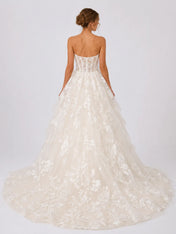 Elegant Strapless Lace Ball Gown Wedding Dress with Corset Bodice, Layered Ruffles and Chapel Train
