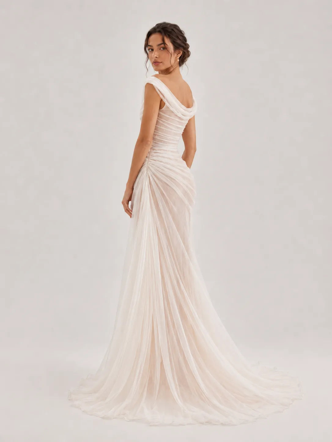 Off-the-Shoulder Draped Ruched Tulle Sheath Wedding Dress with Sweep Train
