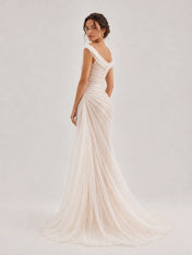 Off-the-Shoulder Draped Ruched Tulle Sheath Wedding Dress with Sweep Train