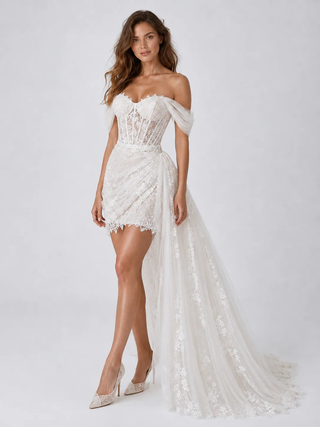 Elegant Off-Shoulder Lace Mini Wedding Dress with Corset Detail, Draped Overskirt and Long Lace Train