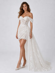 Elegant Off-Shoulder Lace Mini Wedding Dress with Corset Detail, Draped Overskirt and Long Lace Train