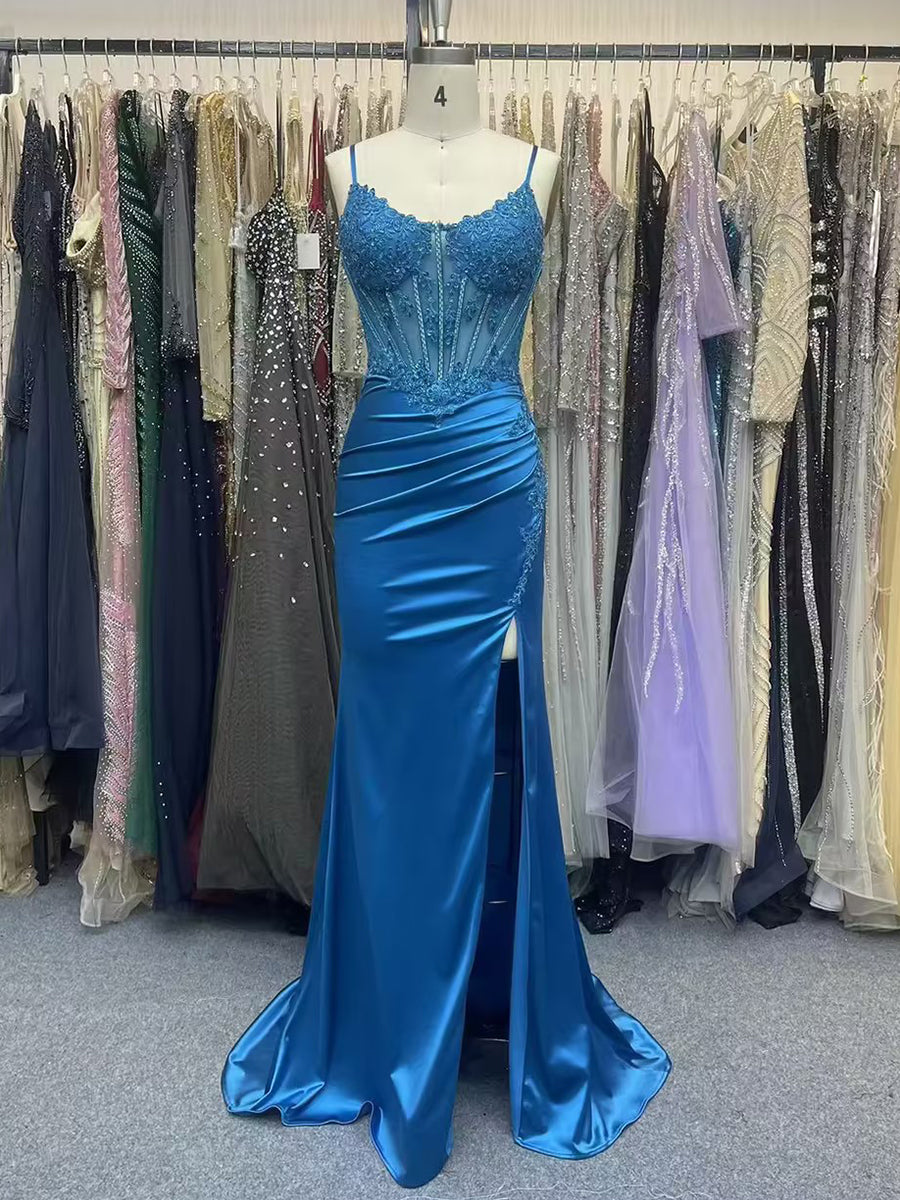 Teal Sweetheart Spaghetti Straps Satin Corset Prom Dress with Slit
