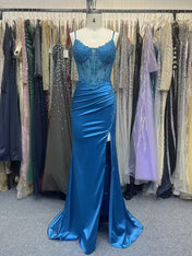 Teal Sweetheart Spaghetti Straps Satin Corset Prom Dress with Slit