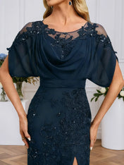 Sheath/Column Scoop Illusion Floor-Length Chiffon Lace Evening Dress With Pleated Sequins Beading