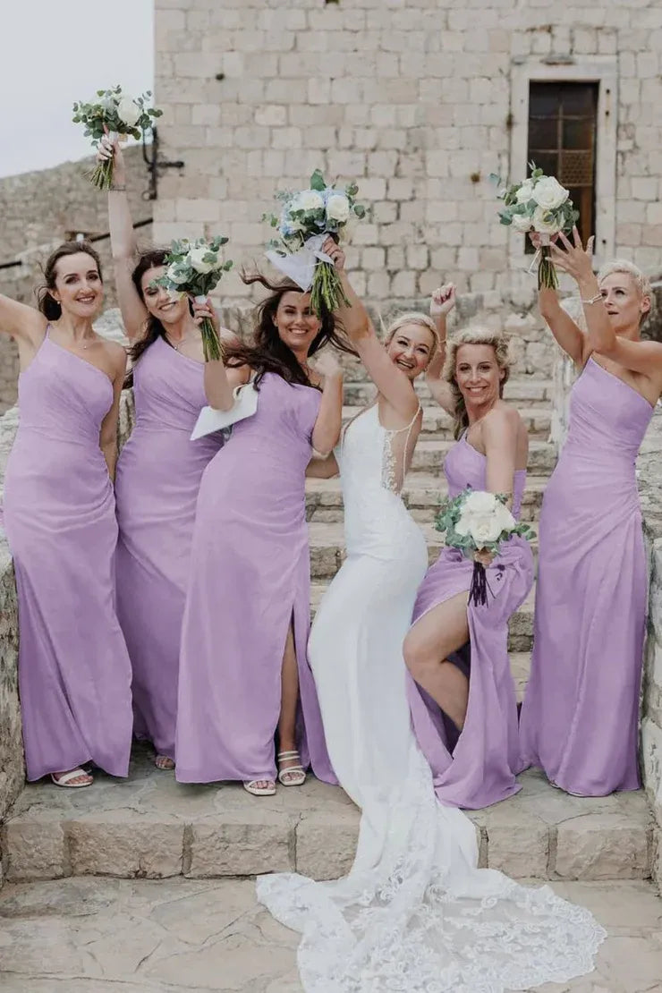 Sheath One Shoulder Light Blue Chiffon Slit Bridesmaid Dress