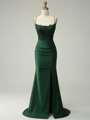Mermaid Halter Beaded Long Prom Dress with Appliques and Slit
