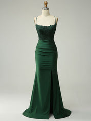 Mermaid Halter Beaded Long Prom Dress with Appliques and Slit