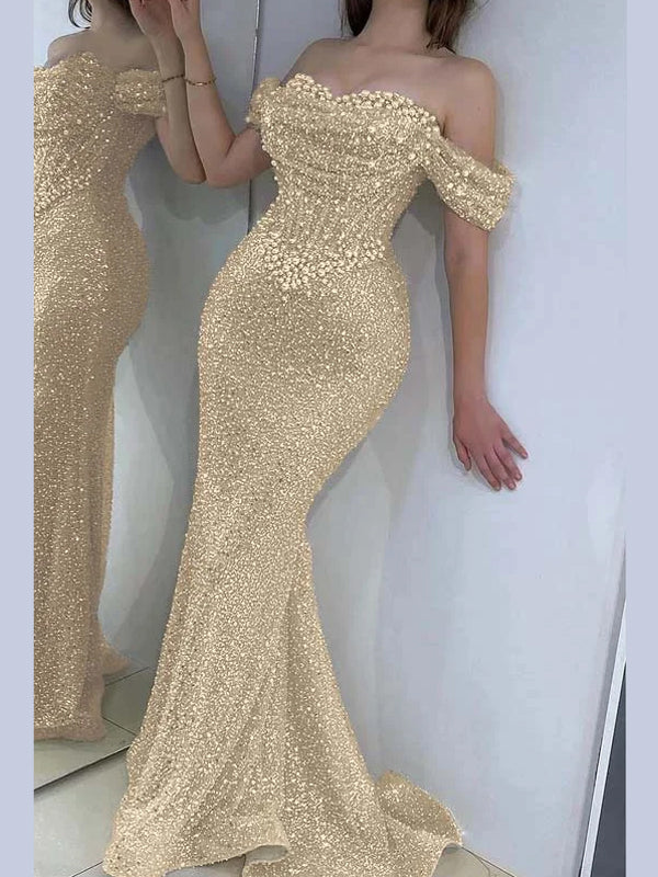 Champagne Pearl Sequin Off-the-Shoulder Mermaid Prom Dress