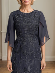 Sheath/Column Scoop Tea-Length Lace Chiffon Mother of the Bride Dress