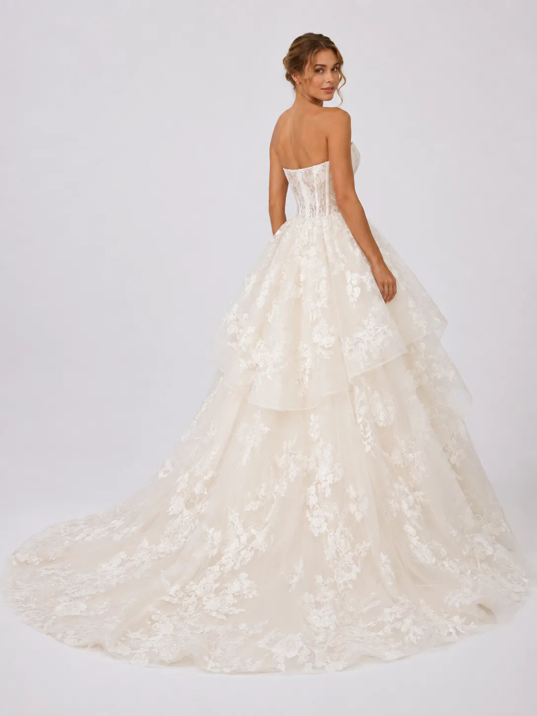 Elegant Strapless Lace Ball Gown Wedding Dress with Corset Bodice, Layered Ruffles and Chapel Train