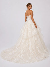 Elegant Strapless Lace Ball Gown Wedding Dress with Corset Bodice, Layered Ruffles and Chapel Train