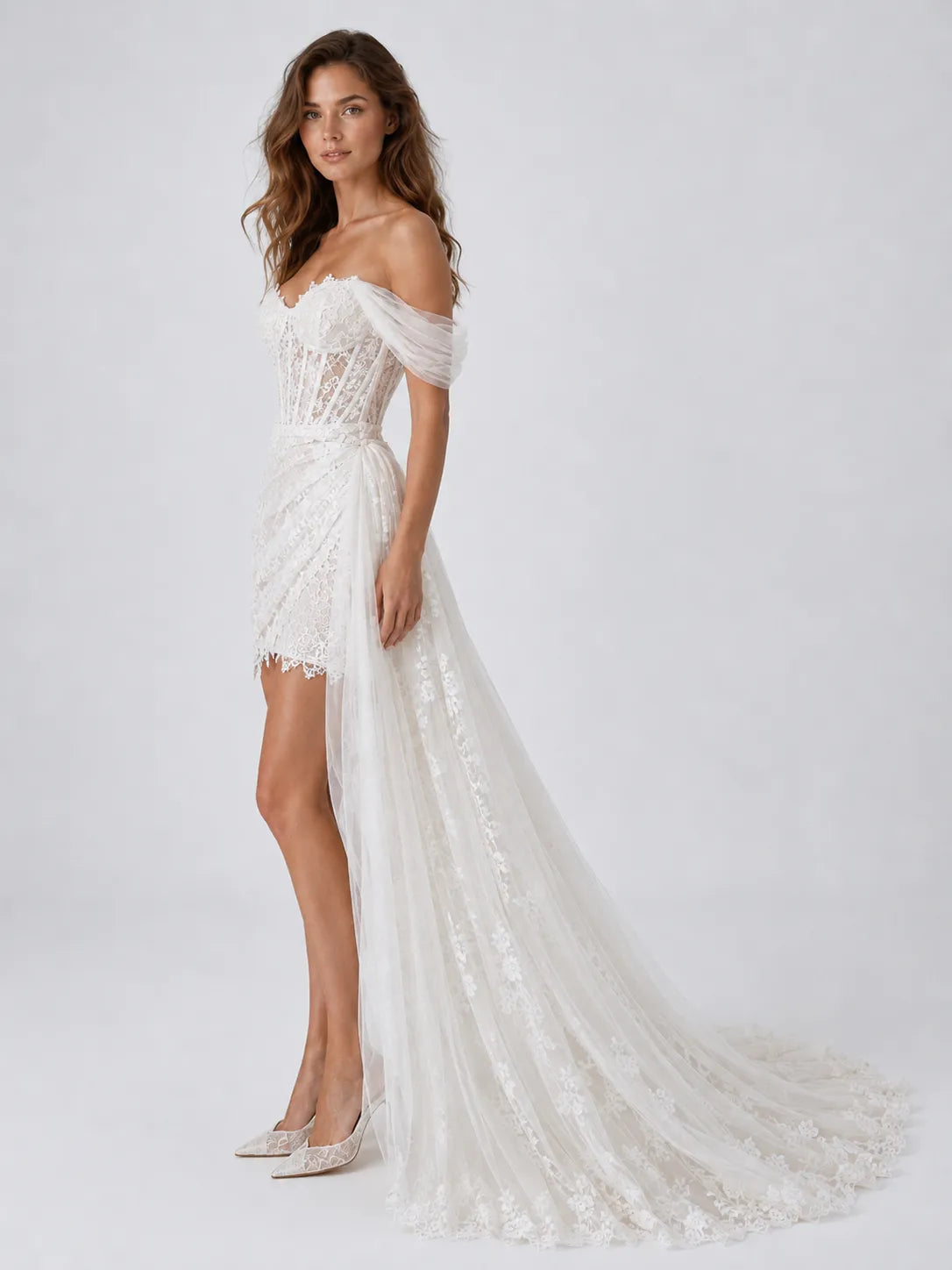 Elegant Off-Shoulder Lace Mini Wedding Dress with Corset Detail, Draped Overskirt and Long Lace Train