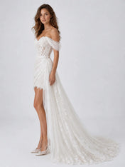 Elegant Off-Shoulder Lace Mini Wedding Dress with Corset Detail, Draped Overskirt and Long Lace Train