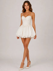 Elegant Spaghetti Strap Satin Mini Wedding Dress with Corset Bodice and Bubble Skirt