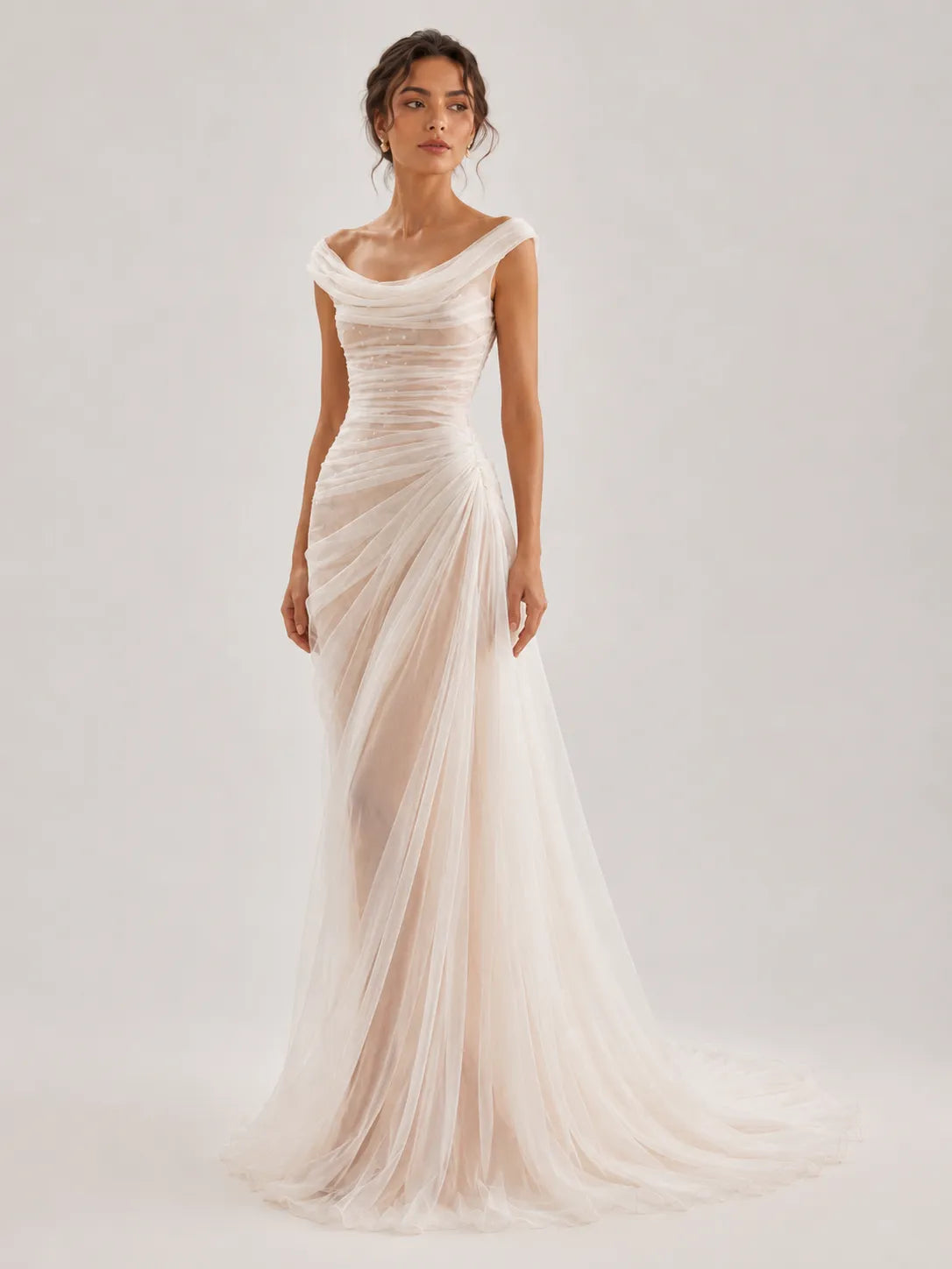 Off-the-Shoulder Draped Ruched Tulle Sheath Wedding Dress with Sweep Train