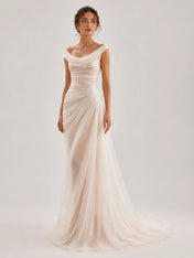 Off-the-Shoulder Draped Ruched Tulle Sheath Wedding Dress with Sweep Train