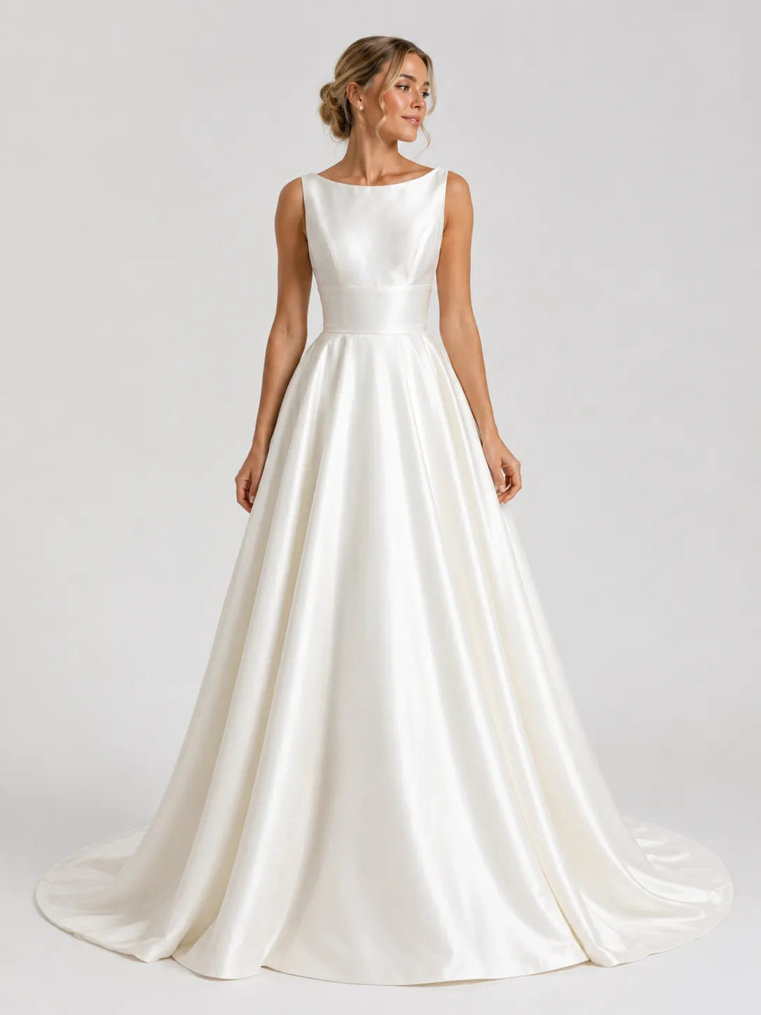 Elegant Bateau Neck Satin A-Line Wedding Dress with Chapel Train