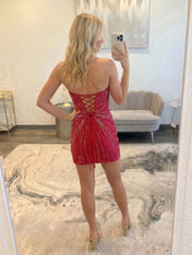Glamorous Red Starburst Beaded Plunge Short Homecoming Dress