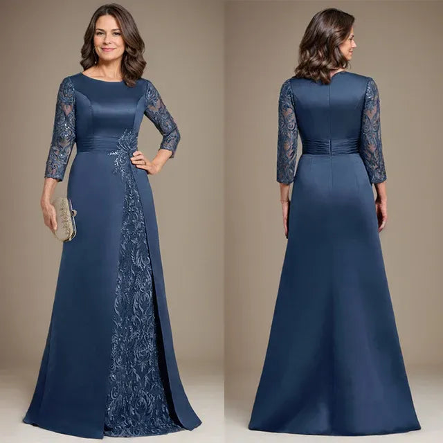 Robe de mère de la mariée en satin et dentelle, coupe trapèze, longueur au sol, avec appliques 