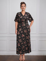 Vintage Plain V-Neck Short Sleeves Velvet Tea-Length Mother of the Bride Dress With Slit