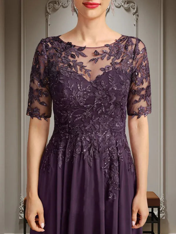 Robe de mère de la mariée asymétrique en mousseline de soie et dentelle, coupe trapèze, décolleté en V, illusion, avec paillettes 