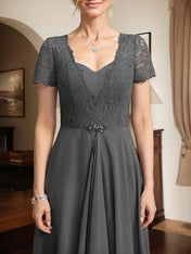 A-line Sweetheart Floor-Length Chiffon Lace Mother of the Bride Dress With Beading Cascading Ruffles