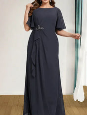 A-line Scoop Floor-Length Chiffon Mother of the Bride Dress With Cascading Ruffles Beading Sequins