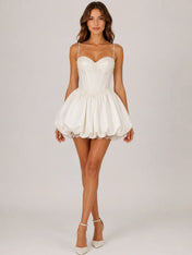 Elegant Spaghetti Strap Satin Mini Wedding Dress with Corset Bodice and Bubble Skirt