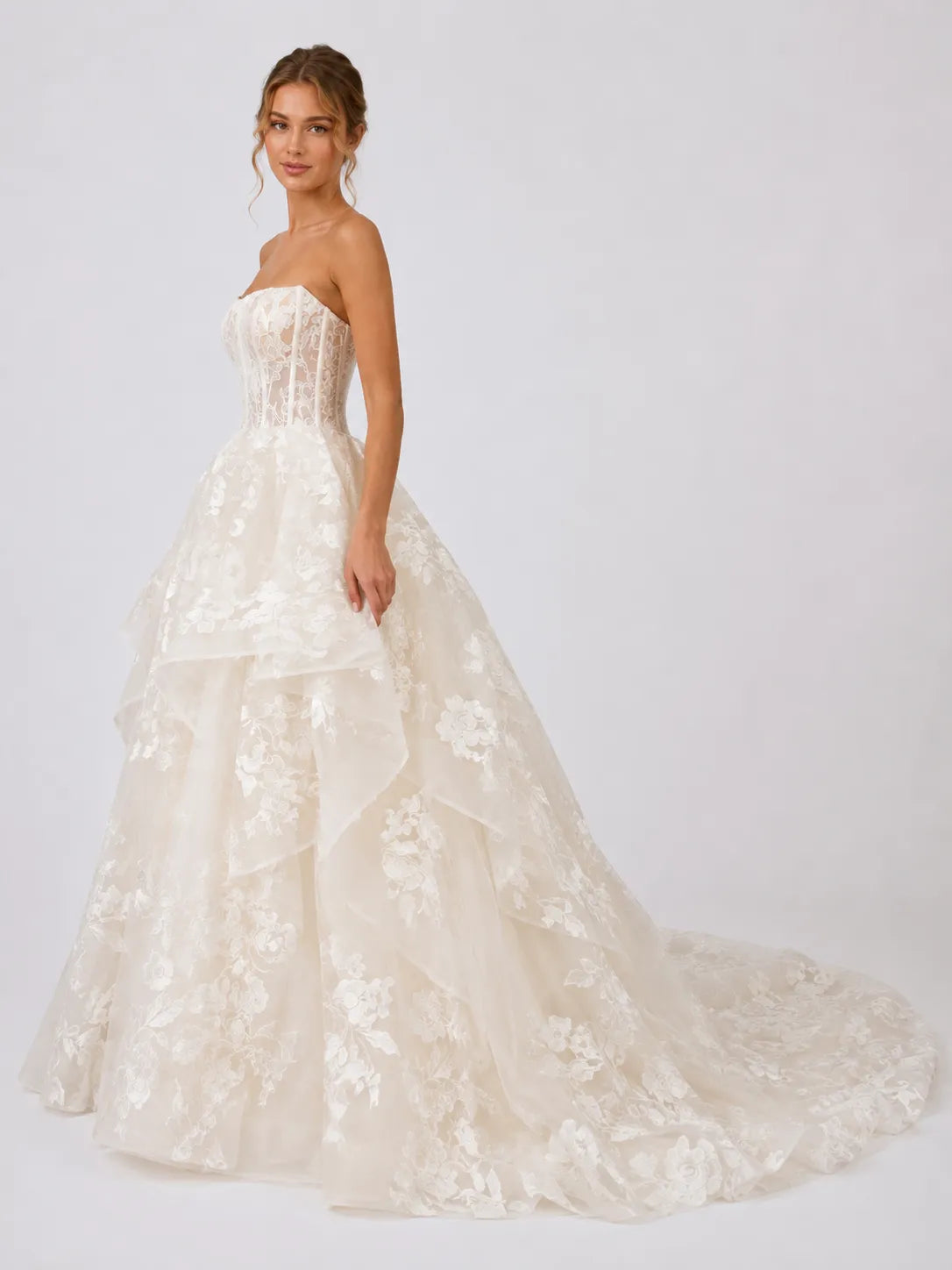 Elegant Strapless Lace Ball Gown Wedding Dress with Corset Bodice, Layered Ruffles and Chapel Train
