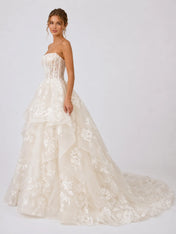 Elegant Strapless Lace Ball Gown Wedding Dress with Corset Bodice, Layered Ruffles and Chapel Train