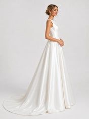 Elegant Bateau Neck Satin A-Line Wedding Dress with Chapel Train