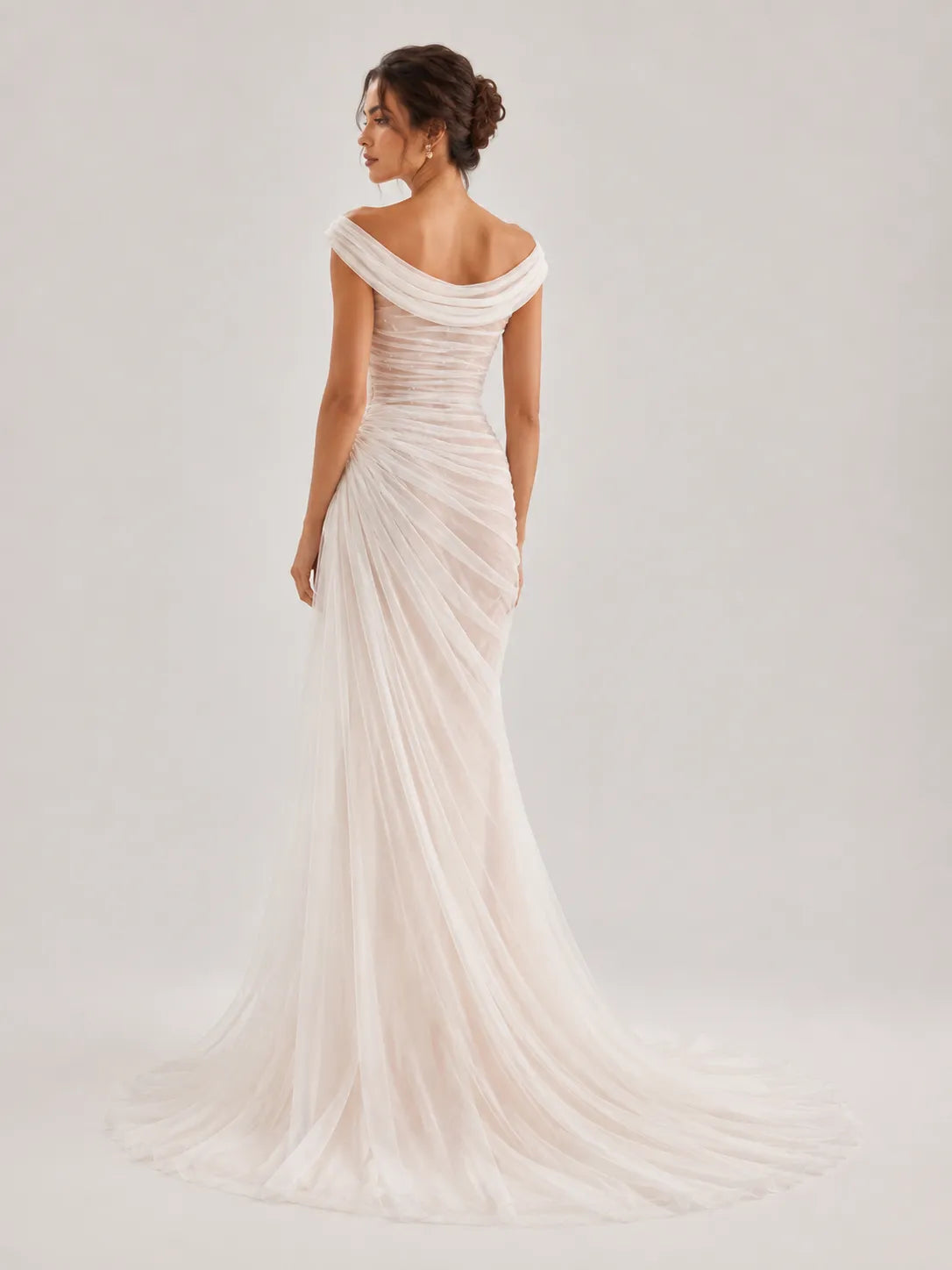 Off-the-Shoulder Draped Ruched Tulle Sheath Wedding Dress with Sweep Train