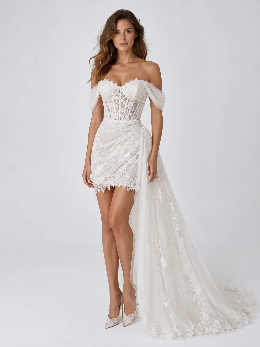 Elegant Off-Shoulder Lace Mini Wedding Dress with Corset Detail, Draped Overskirt and Long Lace Train