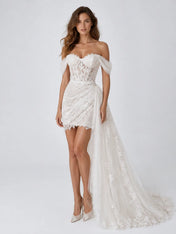 Elegant Off-Shoulder Lace Mini Wedding Dress with Corset Detail, Draped Overskirt and Long Lace Train