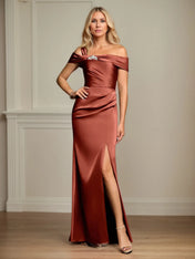 Trumpet/Mermaid Off the Shoulder Floor Length Ruched Satin Mother Of the Bride Dress