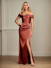 Trumpet/Mermaid Off the Shoulder Floor Length Ruched Satin Mother Of the Bride Dress