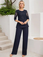 Jumpsuit/Pantsuit Separates Scoop Floor-Length Chiffon Lace Mother of the Bride Dress With Sequins