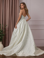 White V-Neck Ball-Gown with Pockets Floral Jacquard Wedding Dress