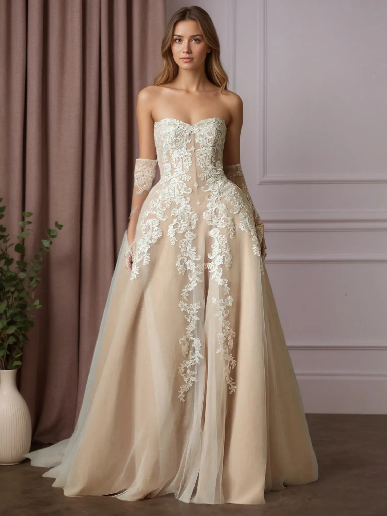 White Champagne Ball-Gown Strapless Lace Wedding Dress