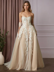 White Champagne Ball-Gown Strapless Lace Wedding Dress