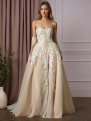 White Champagne Ball-Gown Strapless Lace Wedding Dress